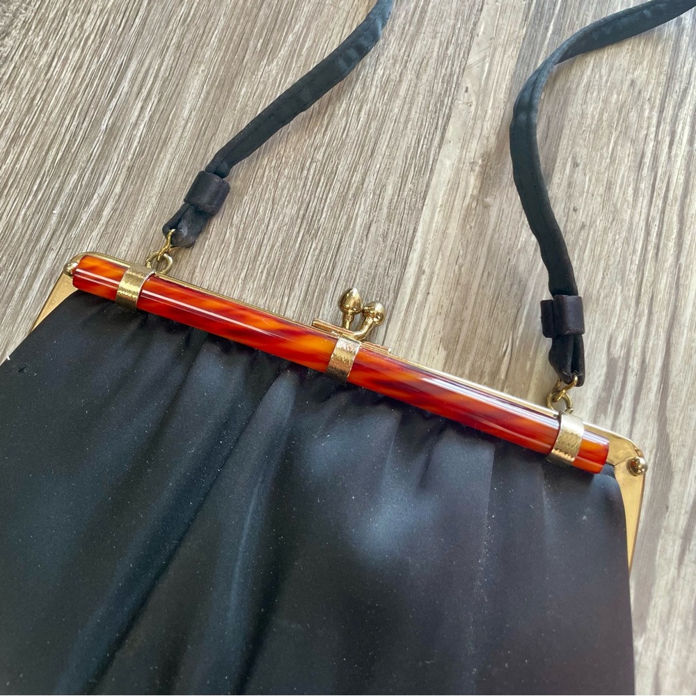 Vintage 60s Ande Black Satin Evening Bag + Tortoise Shell Style Clasp Purse - Picture 7 of 16